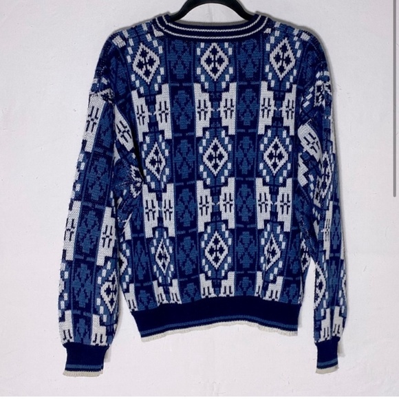 Vintage Botany 500 Blue White Jacquard Crew Neck 80s 90s Dad Sweater L - Picture 2 of 12